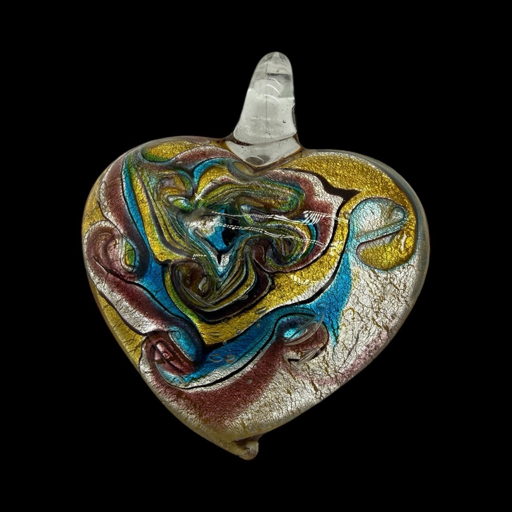 Murano Style Art Glass Heart Pendant w/ Gold & Silver Foil- Necklace or Ornament